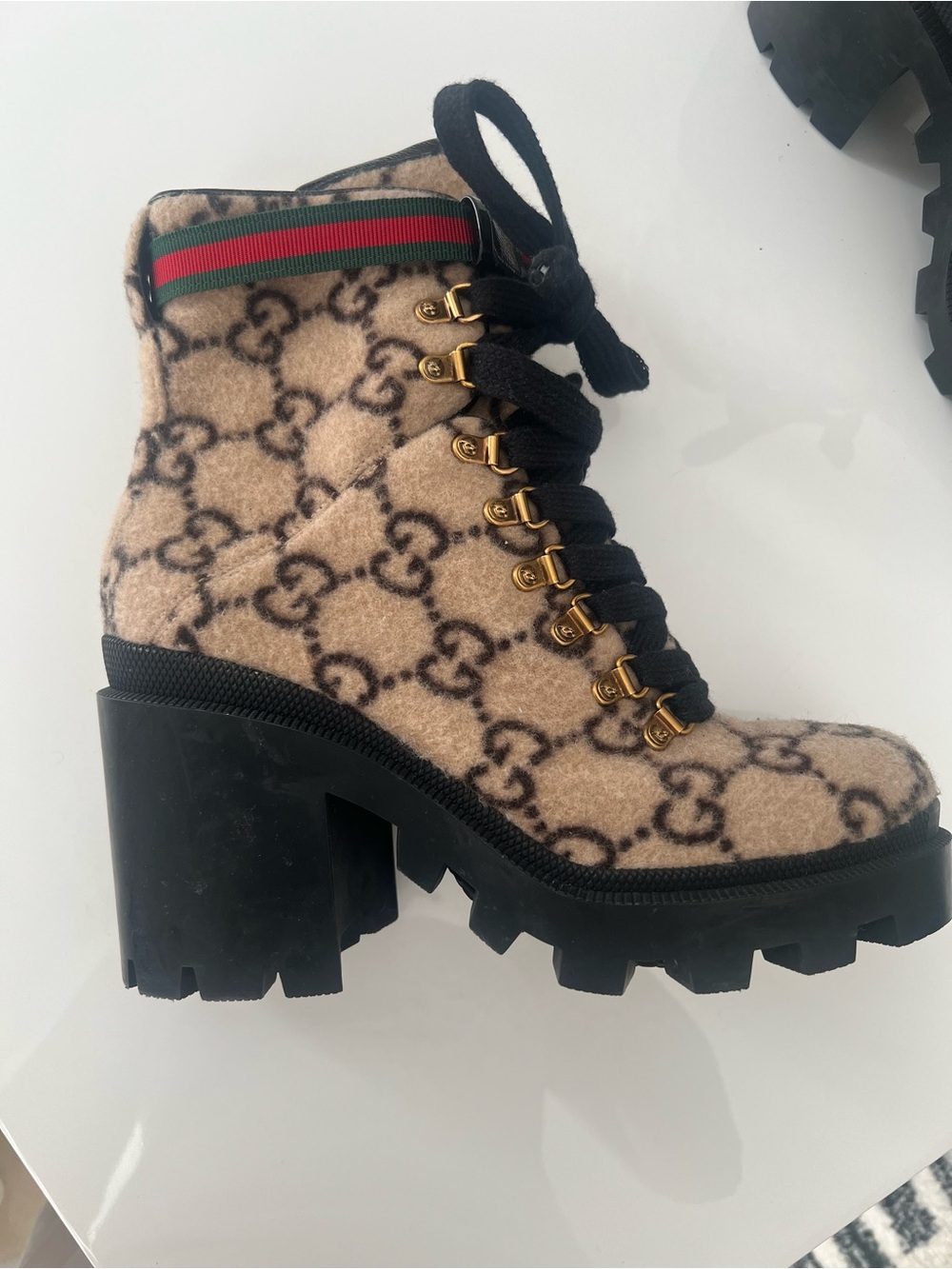 Gucci Beige GG Monogram Lace-Up Platform Ankle Boot with Web Detail